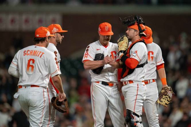 Aug 29, 2023; San Francisco, California, USA;  San Francisco Giants starting pitcher Alex Cobb (38) talks it over with San Francisco Giants catcher Patrick Bailey (14) and teammates during the ninth inning against the Cincinnati Reds at Oracle Park. Mandatory Credit: Neville E. Guard-USA TODAY Sports