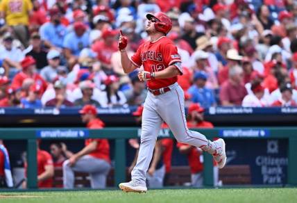 Aug 30, 2023; Philadelphia, Pennsylvania, USA; Los Angeles Angels outfielder Hunter Renfroe (12) reacts after hitting a two-run home run against the Philadelphia Phillies in the second inning at Citizens Bank Park. Mandatory Credit: Kyle Ross-USA TODAY Sports