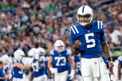 Aug 24, 2023; Philadelphia, Pennsylvania, USA; Indianapolis Colts quarterback Anthony Richardson (5) reacts against the Philadelphia Eagles at Lincoln Financial Field. Mandatory Credit: Bill Streicher-USA TODAY Sports