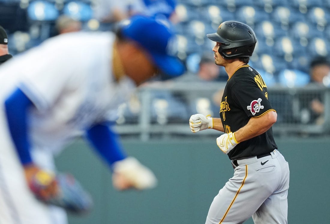 Aug 30, 2023; Kansas City, Missouri, USA; Pittsburgh Pirates left fielder Bryan Reynolds (10) rounds the bases after hitting a home run off of Kansas City Royals starting pitcher Angel Zerpa (61) during the first inning at Kauffman Stadium. Mandatory Credit: Jay Biggerstaff-USA TODAY Sports