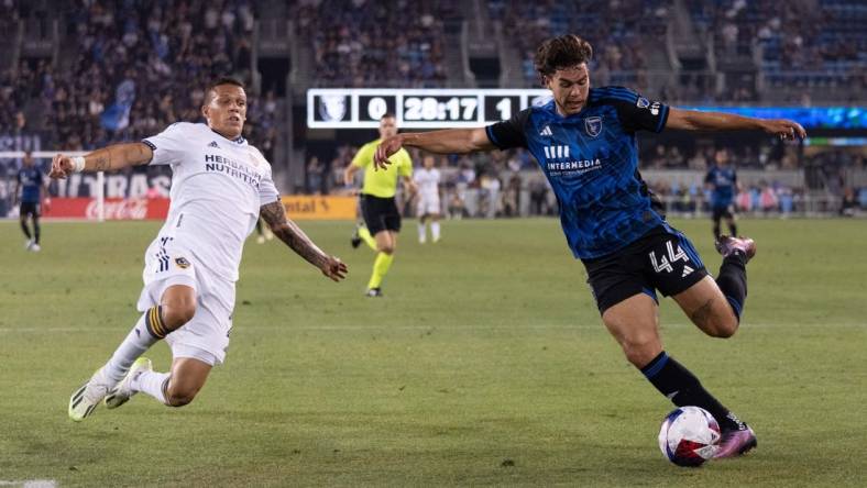 Aug 30, 2023; San Jose, California, USA;  San Jose Earthquakes forward Cade Cowell (44) controls the ball during the first half against Los Angeles Galaxy defender Calegari (2) at PayPal Park. Mandatory Credit: Stan Szeto-USA TODAY Sports