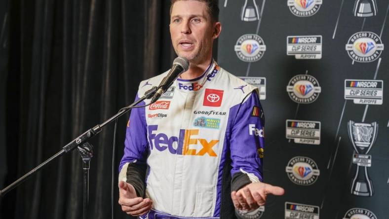 Aug 31, 2023; Charlotte, North Carolina, USA; Denny Hamlin answers questions from the media at Charlotte Convention Center. Mandatory Credit: Jim Dedmon-USA TODAY Sports