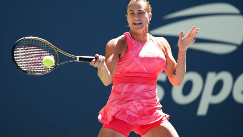 Aug 31, 2023; Flushing, NY, USA; Aryna Sabalenka hits to Jodie Burrage of Great Britain on day four of the 2023 U.S. Open tennis tournament at USTA Billie Jean King National Tennis Center. Mandatory Credit: Danielle Parhizkaran-USA TODAY Sports