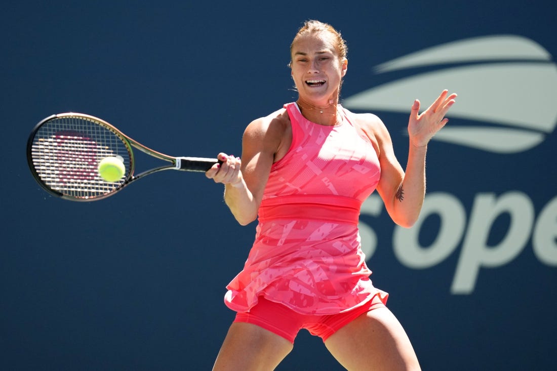 Aug 31, 2023; Flushing, NY, USA; Aryna Sabalenka hits to Jodie Burrage of Great Britain on day four of the 2023 U.S. Open tennis tournament at USTA Billie Jean King National Tennis Center. Mandatory Credit: Danielle Parhizkaran-USA TODAY Sports