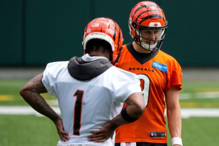 Cincinnati Bengals' Joe Burrow (9) gestures to Ja'Marr Chase (1) during the  NFL football team's training camp, Thursday, July 27, 2023, in Cincinnati.  (AP Photo/Jeff Dean Stock Photo - Alamy