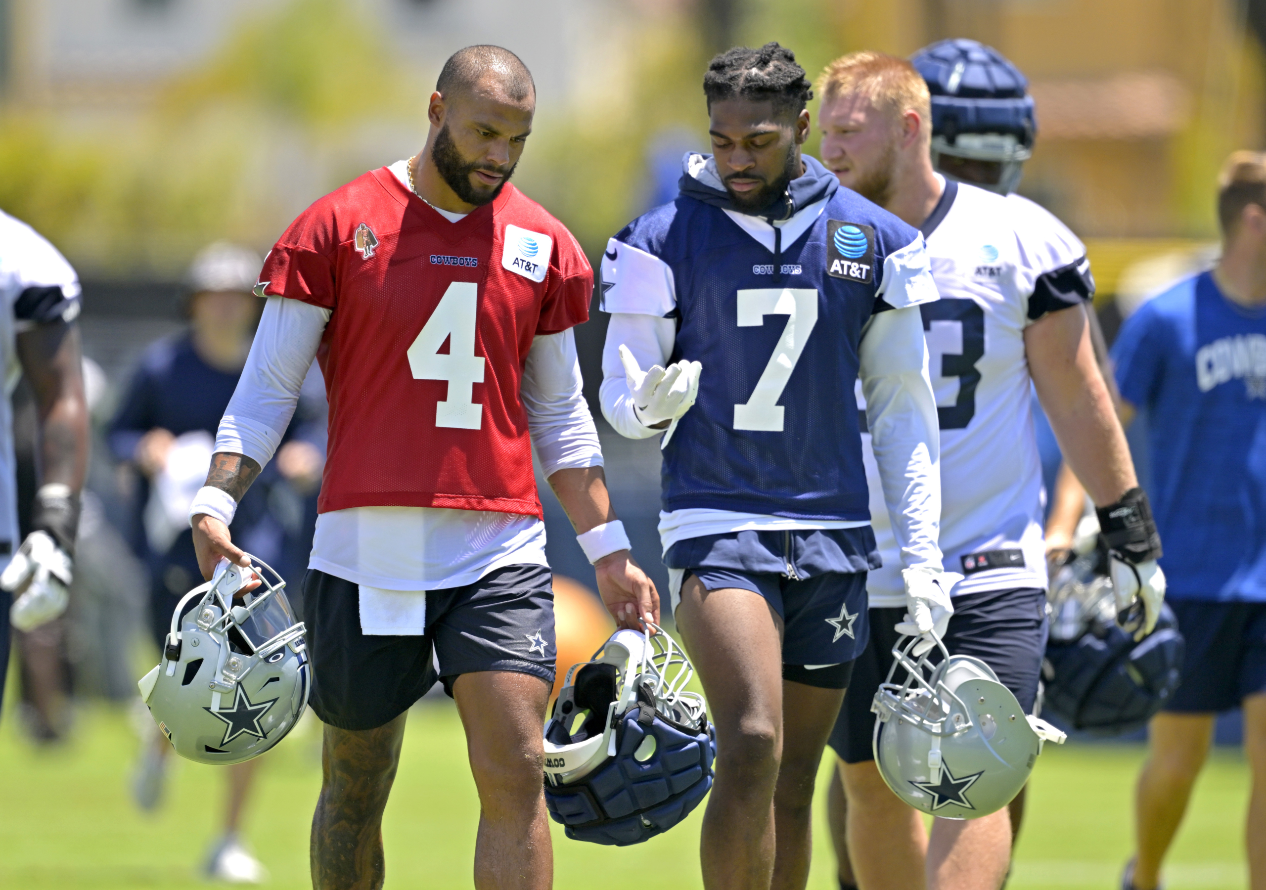 Dallas Cowboys quarterback Dak Prescott (4) in the huddle while on