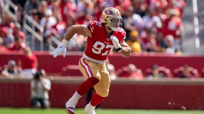 September 22, 2019; Santa Clara, CA, USA; San Francisco 49ers defensive end Nick Bosa (97) during the second quarter against the Pittsburgh Steelers at Levi's Stadium. Mandatory Credit: Kyle Terada-USA TODAY Sports