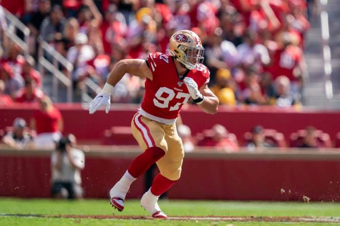 September 22, 2019; Santa Clara, CA, USA; San Francisco 49ers defensive end Nick Bosa (97) during the second quarter against the Pittsburgh Steelers at Levi's Stadium. Mandatory Credit: Kyle Terada-USA TODAY Sports