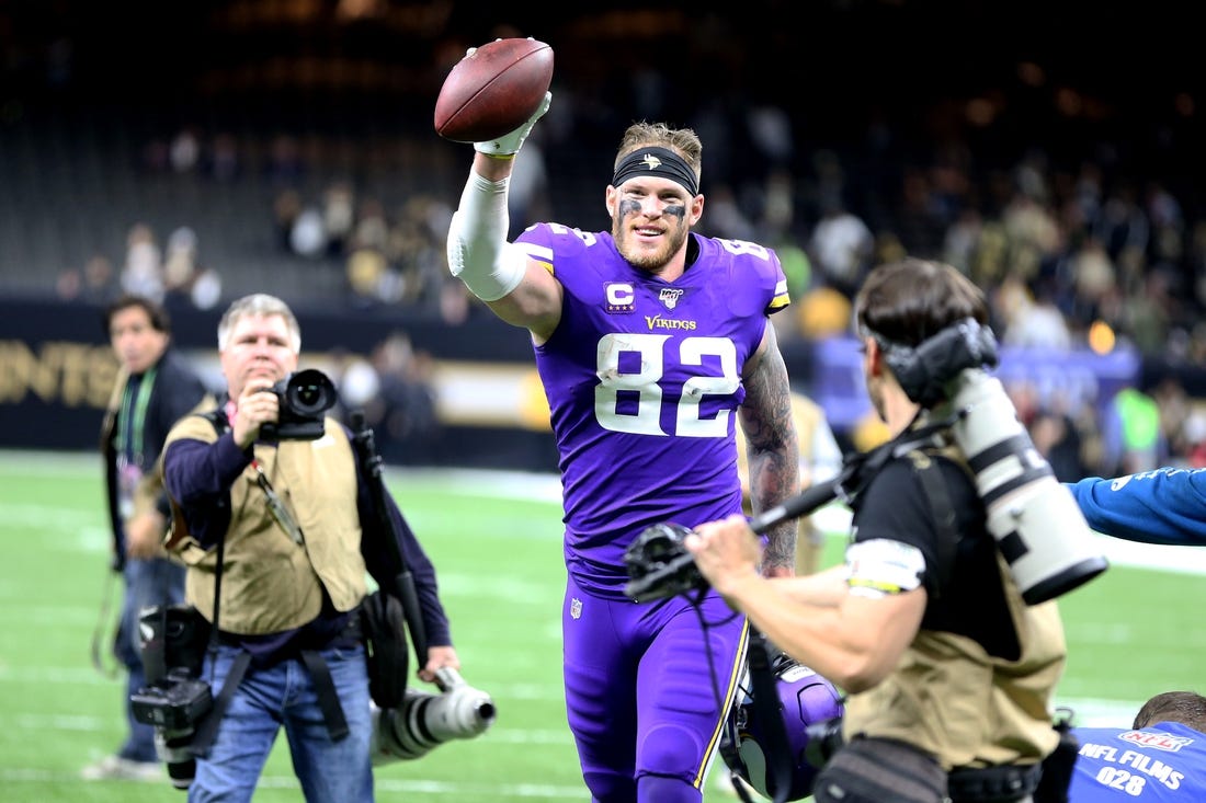 Jan 5, 2020; New Orleans, Louisiana, USA; Minnesota Vikings tight end Kyle Rudolph (82) celebrates after defeating the New Orleans Saints in overtime of a NFC Wild Card playoff football game at the Mercedes-Benz Superdome. Mandatory Credit: Chuck Cook -USA TODAY Sports