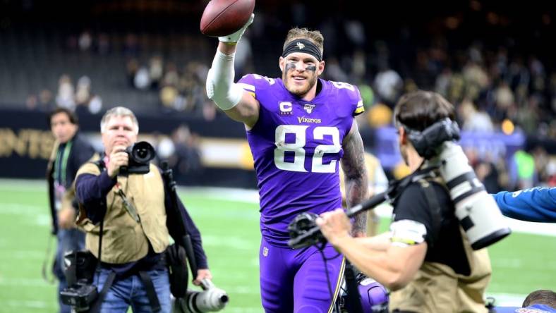 Jan 5, 2020; New Orleans, Louisiana, USA; Minnesota Vikings tight end Kyle Rudolph (82) celebrates after defeating the New Orleans Saints in overtime of a NFC Wild Card playoff football game at the Mercedes-Benz Superdome. Mandatory Credit: Chuck Cook -USA TODAY Sports