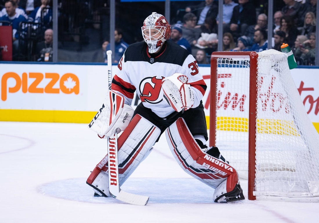 Jan 14, 2020; Toronto, Ontario, CAN; New Jersey Devils goaltender Cory Schneider (35) follows the play during the second period against the Toronto Maple Leafs at Scotiabank Arena. Mandatory Credit: Nick Turchiaro-USA TODAY Sports