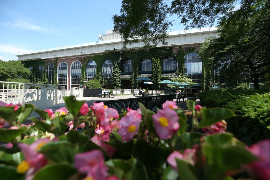 Jun 20, 2020; Elmont, New York, USA; General view of the grounds outside the grandstand at Belmont Park before the 152nd running of the Belmont Stakes. Mandatory Credit: Brad Penner-USA TODAY Sports