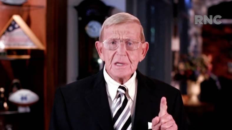 August 26, 2020; Washington, D.C., USA; (Editors Note: Screen grab from Republican National Convention video stream) Former football coach, Lou Holtz, speaks remotely during the Republican National Convention at the Mellon Auditorium in Washington, D.C. Mandatory Credit: Republican National Convention via USA TODAY NETWORK