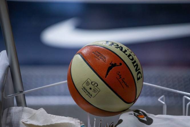 Oct 2, 2020; Bradenton, Florida, USA; A game ball waits on a sanitation cart during game 1 of the WNBA finals between the Las Vegas Aces and the Seattle Storm at IMG Academy. Mandatory Credit: Mary Holt-USA TODAY Sports