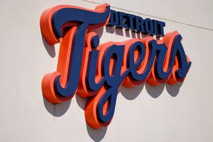Mar 7, 2021; Lakeland, Florida, USA; A general view of the Detroit Tigers script logo on the building at Publix Field at Joker Marchant Stadium during the spring training game between the Detroit Tigers and the Toronto Blue Jays. Mandatory Credit: Jasen Vinlove-USA TODAY Sports