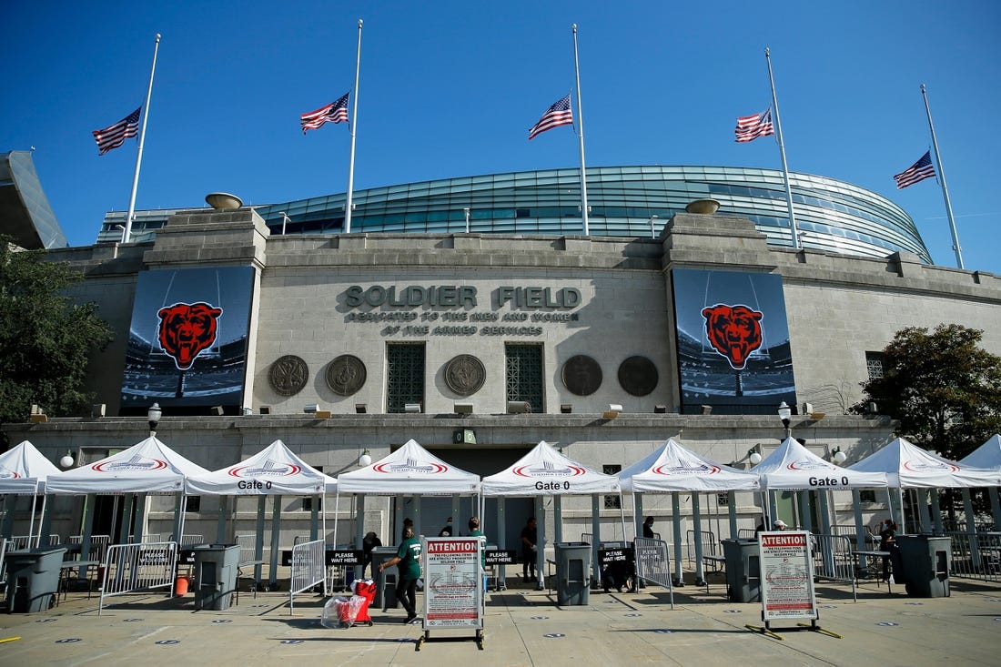 Aug 14, 2021; Chicago, Illinois, USA; A general view of the exterior of Soldier Field before the game between the Chicago Bears and the Miami Dolphins. Mandatory Credit: Jon Durr-USA TODAY Sports