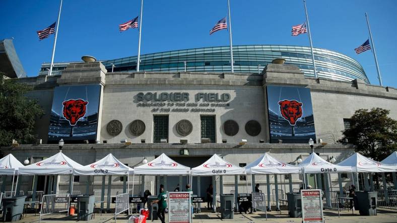 Aug 14, 2021; Chicago, Illinois, USA; A general view of the exterior of Soldier Field before the game between the Chicago Bears and the Miami Dolphins. Mandatory Credit: Jon Durr-USA TODAY Sports