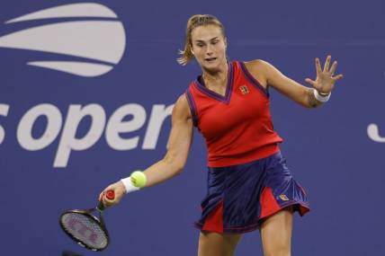 Sep 3, 2021; Flushing, NY, USA; Arnya Sabalenka of Belarus hits a forehand against Danielle Collins of the United States (not pictured) on day five of the 2021 U.S. Open tennis tournament at USTA Billie Jean King National Tennis Center. Mandatory Credit: Geoff Burke-USA TODAY Sportsa