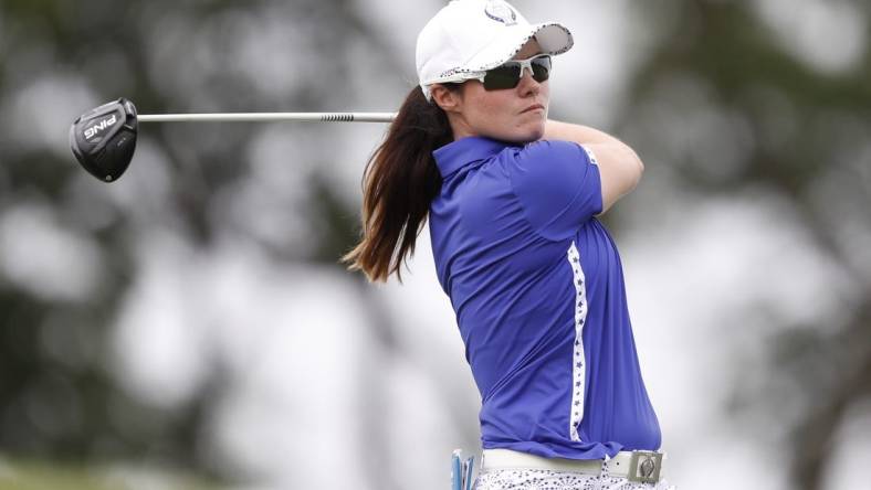 Sep 4, 2021; Toledo, Ohio, USA; Leona Maguire of Team Europe tees off on the fourteenth hole during afternoon fourball in the 2021 Solheim Cup at Inverness Club. Mandatory Credit: Raj Mehta-USA TODAY Sports