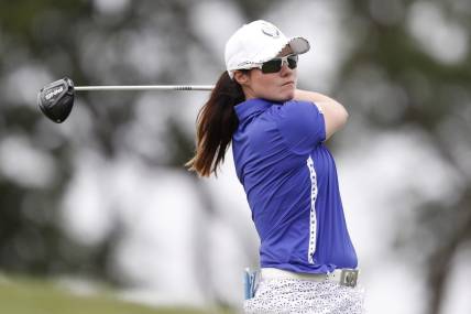 Sep 4, 2021; Toledo, Ohio, USA; Leona Maguire of Team Europe tees off on the fourteenth hole during afternoon fourball in the 2021 Solheim Cup at Inverness Club. Mandatory Credit: Raj Mehta-USA TODAY Sports