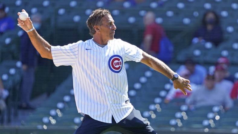 Sep 6, 2021; Chicago, Illinois, USA; NHL Hall of Famer Chris Chelios throws out a ceremonial first pitch before the game between the Chicago Cubs and the Cincinnati Reds at Wrigley Field. Mandatory Credit: David Banks-USA TODAY Sports