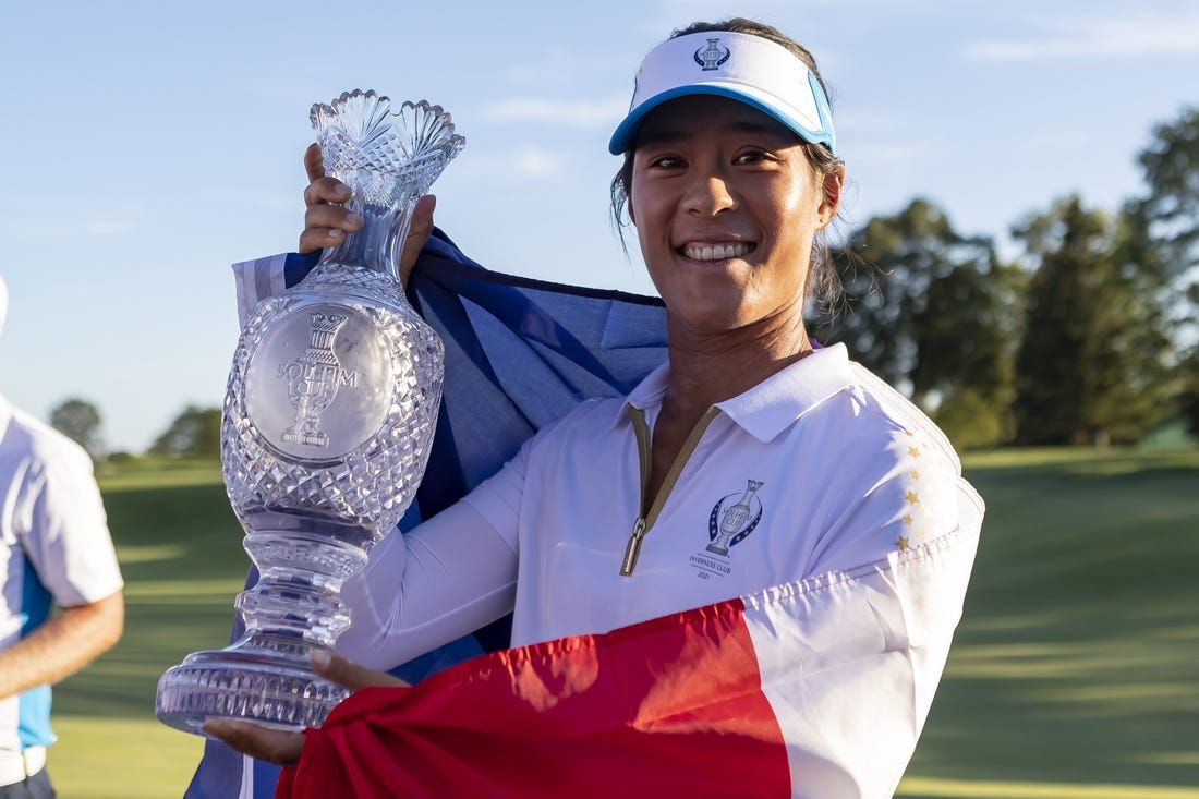 Sep 6, 2021; Toledo, Ohio, USA; Celine Boutier of Team Europe poses with the trophy at the 2021 Solheim Cup at Invernes Club. Mandatory Credit: Raj Mehta-USA TODAY Sports