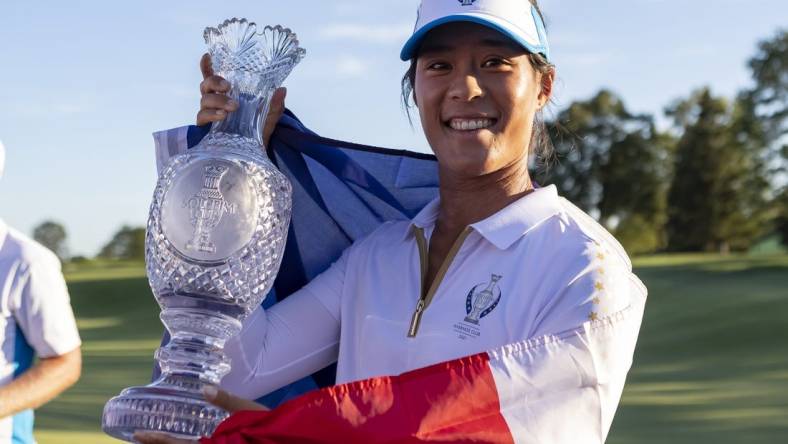 Sep 6, 2021; Toledo, Ohio, USA; Celine Boutier of Team Europe poses with the trophy at the 2021 Solheim Cup at Invernes Club. Mandatory Credit: Raj Mehta-USA TODAY Sports