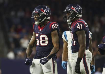 Sep 23, 2021; Houston, Texas, USA; Houston Texans outside linebacker Christian Kirksey (58) reacts after making a tackle during the third quarter against the Carolina Panthers at NRG Stadium. Mandatory Credit: Troy Taormina-USA TODAY Sports