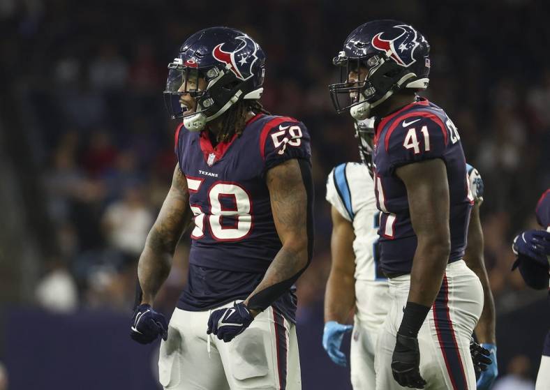 Sep 23, 2021; Houston, Texas, USA; Houston Texans outside linebacker Christian Kirksey (58) reacts after making a tackle during the third quarter against the Carolina Panthers at NRG Stadium. Mandatory Credit: Troy Taormina-USA TODAY Sports