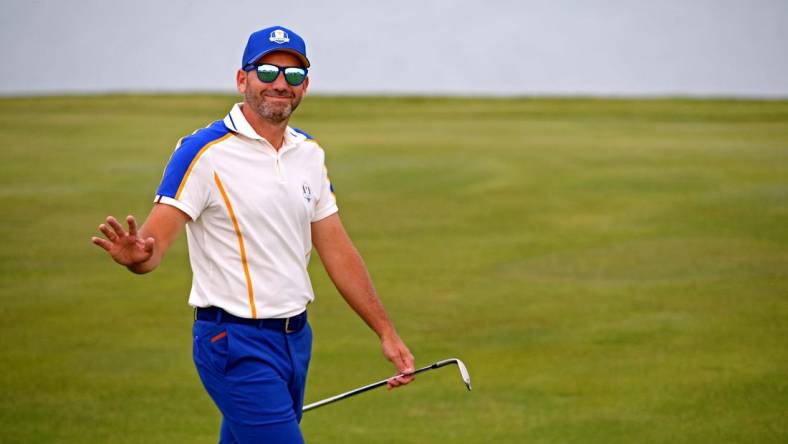 Sep 26, 2021; Haven, Wisconsin, USA; Team Europe player Sergio Garcia waves to the gallery on the 16th hole during day three singles rounds for the 43rd Ryder Cup golf competition at Whistling Straits. Mandatory Credit: Orlando Ramirez-USA TODAY Sports