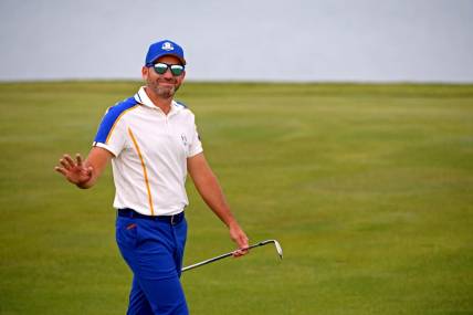 Sep 26, 2021; Haven, Wisconsin, USA; Team Europe player Sergio Garcia waves to the gallery on the 16th hole during day three singles rounds for the 43rd Ryder Cup golf competition at Whistling Straits. Mandatory Credit: Orlando Ramirez-USA TODAY Sports