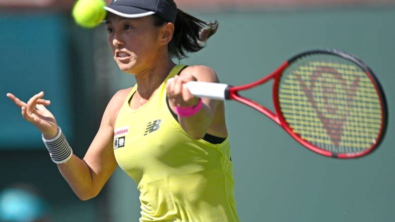 Oct 6, 2021; Indian Wells, CA, USA; Misaki Doi (JPN) in her first round match against Ann Li (not pictured) during the BNP Paribas Open at the Indian Wells Tennis Garden. Mandatory Credit: Jayne Kamin-Oncea-USA TODAY Sports