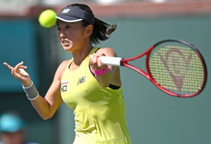 Oct 6, 2021; Indian Wells, CA, USA; Misaki Doi (JPN) in her first round match against Ann Li (not pictured) during the BNP Paribas Open at the Indian Wells Tennis Garden. Mandatory Credit: Jayne Kamin-Oncea-USA TODAY Sports
