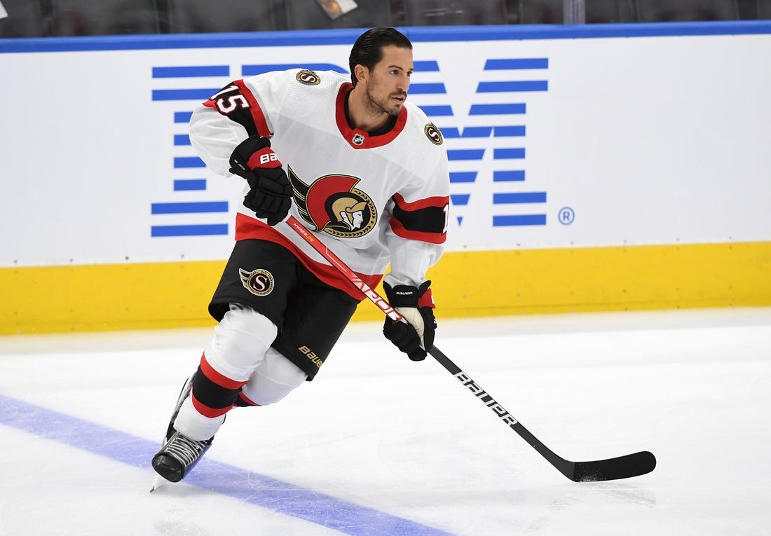 Oct 9, 2021; Toronto, Ontario, CAN;   Ottawa Senators defenseman Michael Del Zotto (15) warms up before playing Toronto Maple Leafs at Scotiabank Arena. Mandatory Credit: Dan Hamilton-USA TODAY Sports