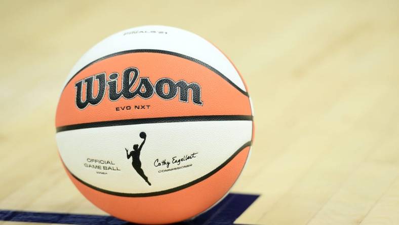 Oct 10, 2021; Phoenix, Arizona, USA; A view of the offical game ball during the second half of game one of the 2021 WNBA Finals between the Phoenix Mercury and the Chicago Sky at Footprint Center. Mandatory Credit: Joe Camporeale-USA TODAY Sports