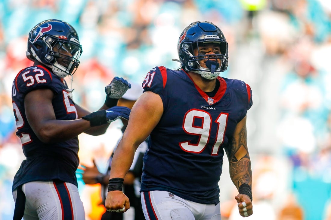 Houston Texans defensive tackle Roy Lopez (91) after an injury during the  second half of an NFL football game against the Cleveland Browns, Sunday,  Sept. 19, 2021, in Cleveland. (AP Photo/David Richard