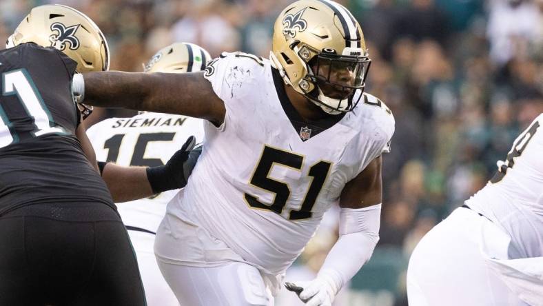 Nov 21, 2021; Philadelphia, Pennsylvania, USA; New Orleans Saints guard Cesar Ruiz (51) plays against the Philadelphia Eagles at Lincoln Financial Field. Mandatory Credit: Bill Streicher-USA TODAY Sports