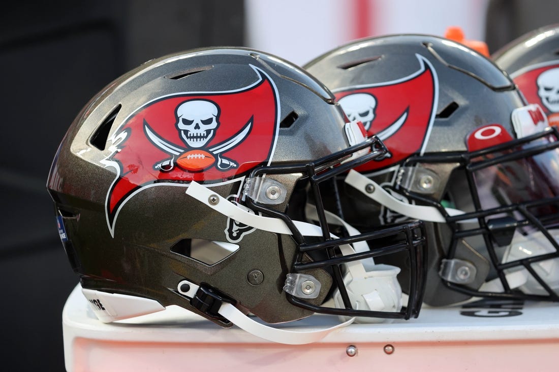 Jan 9, 2022; Tampa, Florida, USA; A detail view of Tampa Bay Buccaneers helmets against the Carolina Panthers during the first half at Raymond James Stadium. Mandatory Credit: Kim Klement-USA TODAY Sports