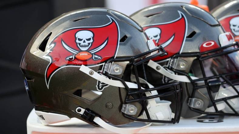 Jan 9, 2022; Tampa, Florida, USA; A detail view of Tampa Bay Buccaneers helmets against the Carolina Panthers during the first half at Raymond James Stadium. Mandatory Credit: Kim Klement-USA TODAY Sports