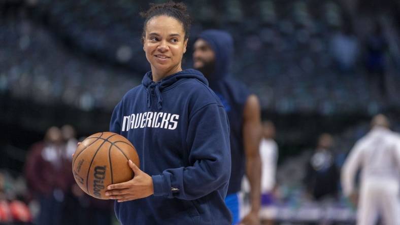 Mar 5, 2022; Dallas, Texas, USA; Dallas Mavericks assistant coach Kristi Toliver before the game between the Dallas Mavericks and the Sacramento Kings at the American Airlines Center. Mandatory Credit: Jerome Miron-USA TODAY Sports