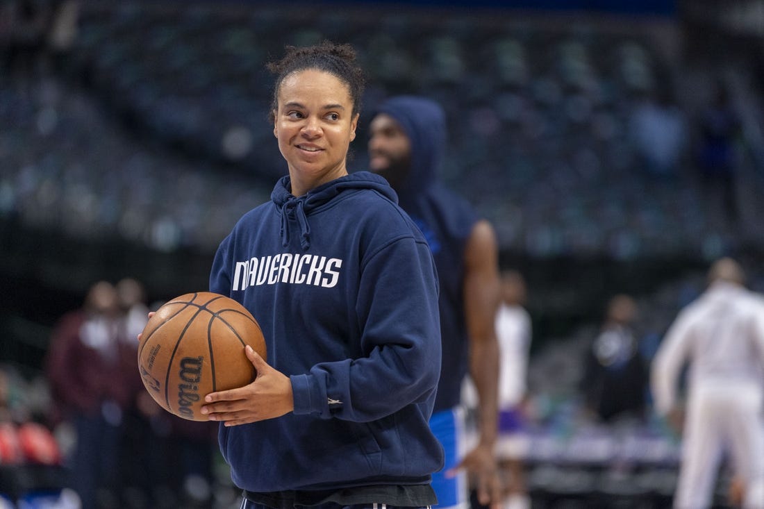 Mar 5, 2022; Dallas, Texas, USA; Dallas Mavericks assistant coach Kristi Toliver before the game between the Dallas Mavericks and the Sacramento Kings at the American Airlines Center. Mandatory Credit: Jerome Miron-USA TODAY Sports