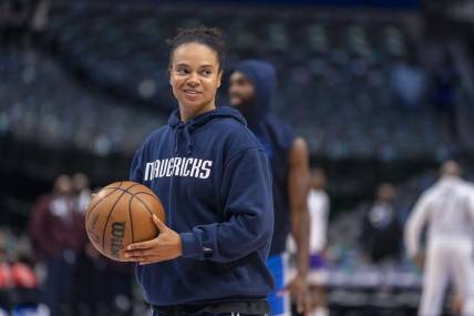 Mar 5, 2022; Dallas, Texas, USA; Dallas Mavericks assistant coach Kristi Toliver before the game between the Dallas Mavericks and the Sacramento Kings at the American Airlines Center. Mandatory Credit: Jerome Miron-USA TODAY Sports