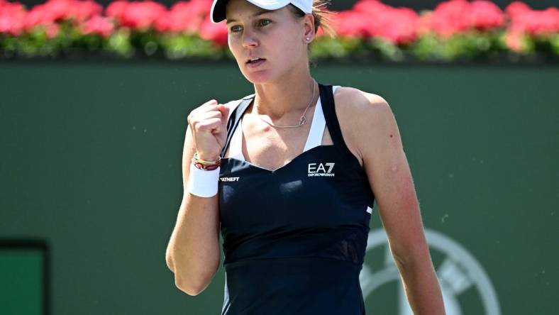 Mar 17, 2022; Indian Wells, CA, USA;   Veronika Kudermetova (RUS) celebrates winning a point in her quarterfinal match against Paula Badosa (ESP) at the BNP Paribas Open at the Indian Wells Tennis Garden. Mandatory Credit: Jayne Kamin-Oncea-USA TODAY Sports