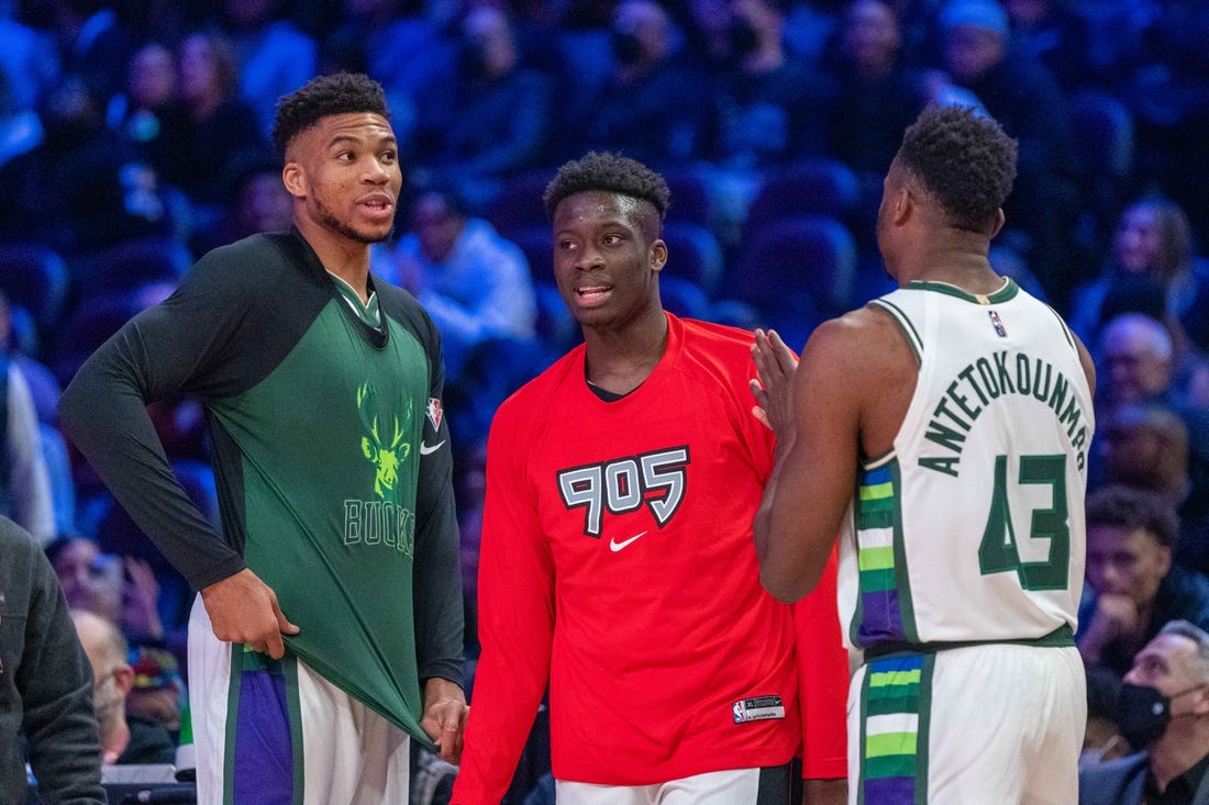 February 19, 2022; Cleveland, OH, USA; Team Antetokounmpo player Giannis Antetokounmpo of the Milwaukee Bucks (34), Team Antetokounmpo player Alex Antetokounmpo of the Raptors 905 of the NBA G League (29), Team Antetokounmpo player Thanasis Antetokounmpo of the Milwaukee Bucks (43) during the Skills Challenge during the 2022 NBA All-Star Saturday Night at Rocket Mortgage Field House. Mandatory Credit: Kyle Terada-USA TODAY Sports