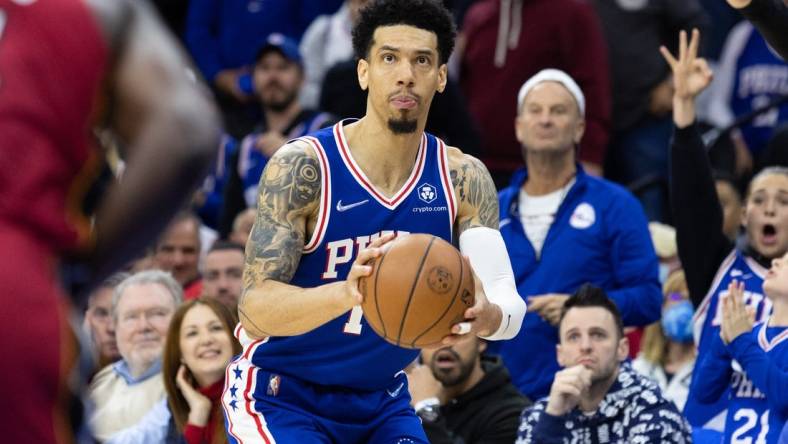 May 6, 2022; Philadelphia, Pennsylvania, USA; Philadelphia 76ers forward Danny Green (14) shoots the ball against the Miami Heat during the fourth quarter in game three of the second round for the 2022 NBA playoffs at Wells Fargo Center. Mandatory Credit: Bill Streicher-USA TODAY Sports