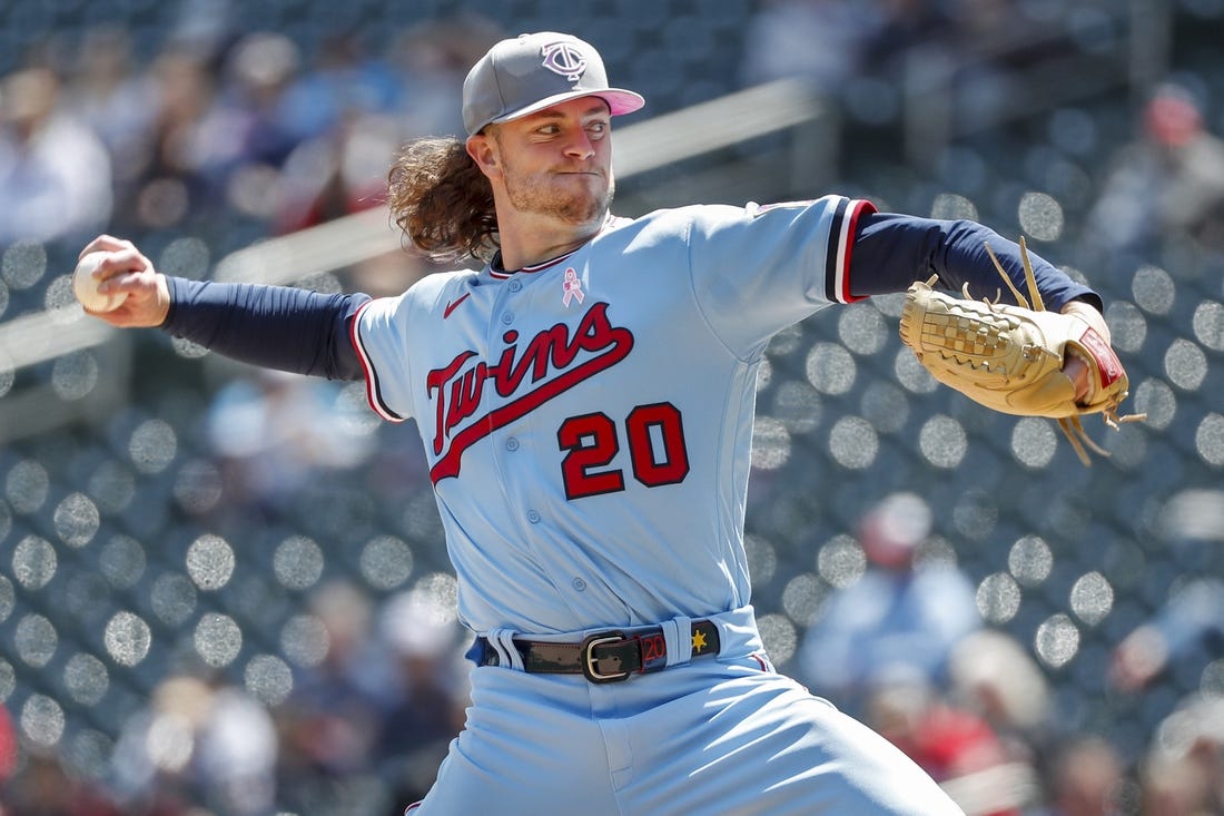 May 8, 2022; Minneapolis, Minnesota, USA; Minnesota Twins starting pitcher Chris Paddack (20) throws to the Oakland Athletics in the second inning at Target Field. Mandatory Credit: Bruce Kluckhohn-USA TODAY Sports