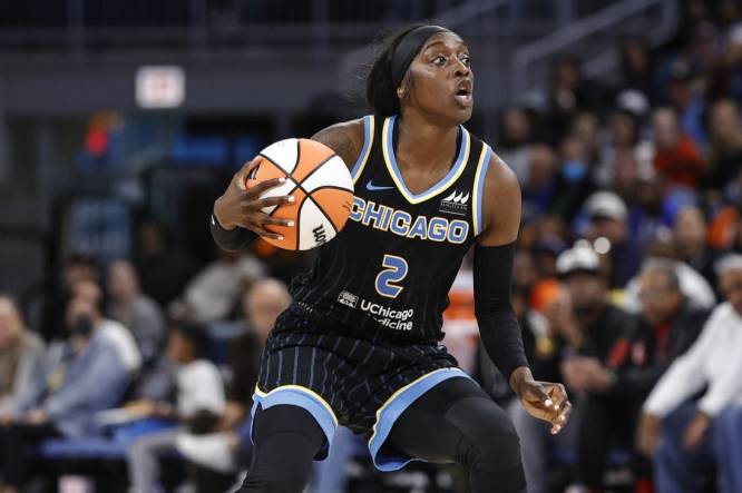 May 24, 2022; Chicago, Illinois, USA; Chicago Sky guard Kahleah Copper (2) brings the ball up court against the Indiana Fever during the first half at Wintrust Arena. Mandatory Credit: Kamil Krzaczynski-USA TODAY Sports