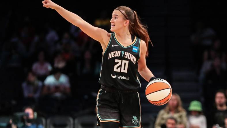 May 17, 2022; Brooklyn, New York, USA;  New York Liberty guard Sabrina Ionescu (20) at Barclays Center. Mandatory Credit: Wendell Cruz-USA TODAY Sports