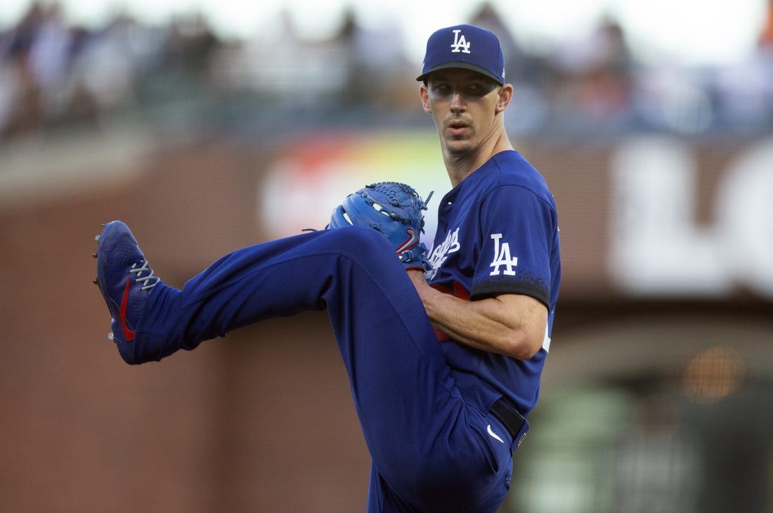 Jun 10, 2022; San Francisco, California, USA; Los Angeles Dodgers starting pitcher Walker Buehler (21) delivers a pitch against the San Francisco Giants during the second inning at Oracle Park. Mandatory Credit: D. Ross Cameron-USA TODAY Sports