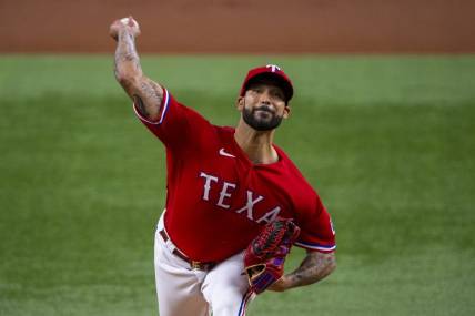 Jul 15, 2022; Arlington, Texas, USA; Texas Rangers starting pitcher Matt Bush (51) pitches against the Seattle Mariners during the first inning at Globe Life Field. Mandatory Credit: Jerome Miron-USA TODAY Sports
